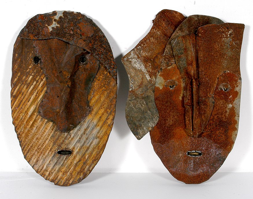 Jerry Coker. Man and Woman.: Jerry Coker. Man and Woman. Signed. Not dated. Rusted tin over wood. Excellent condition. 12”x 17” average size. Est. $200-300. Ship: $65