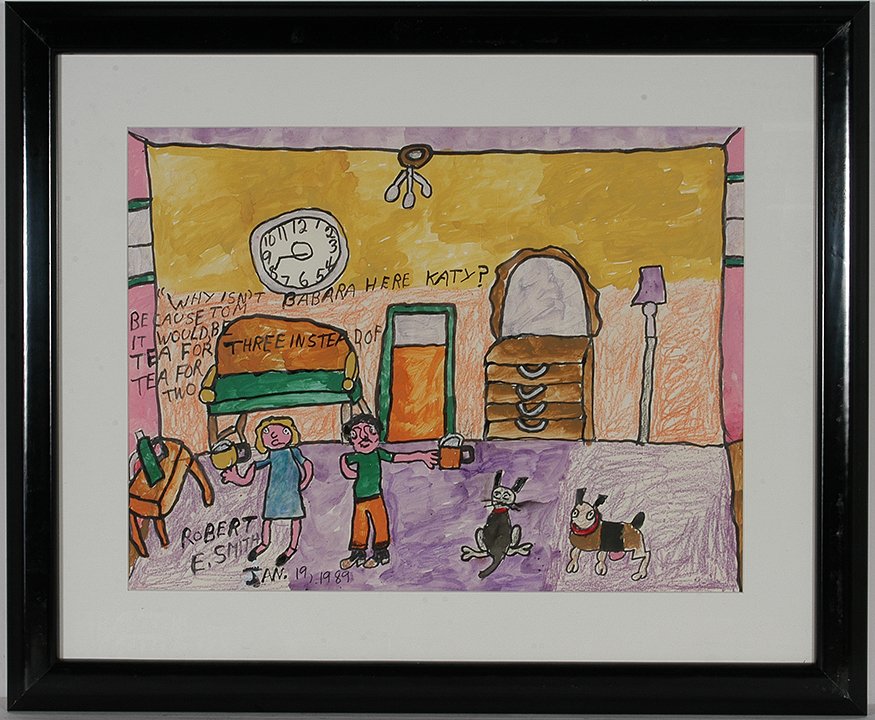 Robert E. Smith. Why Isn’t Barbara Here: Robert E. Smith. Why Isn’t Barbara Here 1989. Signed, dated and titled. Crayon, marker and watercolor on paper. Excellent condition. Size with frame is 33” w x 27” h. Provenance: The Gitter Fami