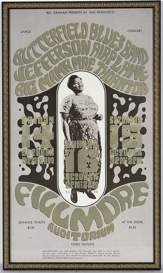 Paul Butterfield, Jefferson Airplane Concert Poster,: Wes Wilson. Concert Poster. The Paul Butterfield Blues Band, Jefferson Airplane, Big Mama Mae Thornton. 1966. The Fillmore Auditorium, San Francisco. Note the “October 16” across the photograph wh