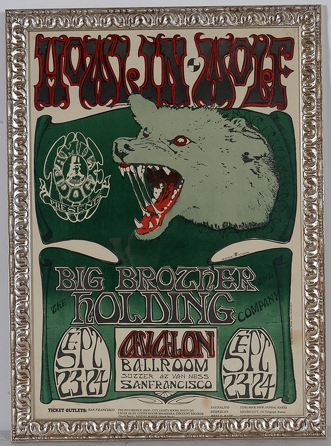 Howlin Wolf At the Avalon Concert Poster.: Stanley Mouse and Alton Kelley. Family Dog Presents Howlin Wolf At the Avalon. Excellent condition. Strong colors. Frame is 16” w x 22”h. Note the red lettering indicative of this first run. This 