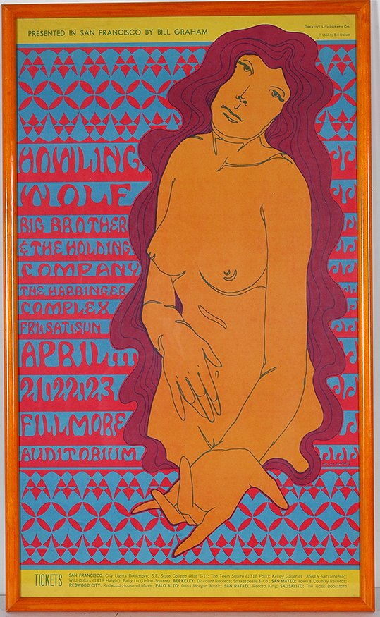 Howling Wolf & Big Brother Concert Poster, 1967.: Wes Wilson, Creative Lithograph Co.Howling Wolf & Big Brother At The Fillmore Show Poster. 1967. Fillmore Auditorium, San Francisco, CA. Excellent condition. Strong colors. This poster was only printe