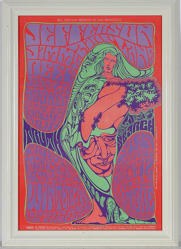 Jefferson Airplane, Lee Hooker Concert Poster, 1967.: Wes Wilson Concert Poster. Jefferson Airplane, Jimmy Reed, John Lee Hooker. 1967. #54. Printed by West Coast Lithograph Co. Excellent condition. Strong colors. Note the dark pink salmon color and that