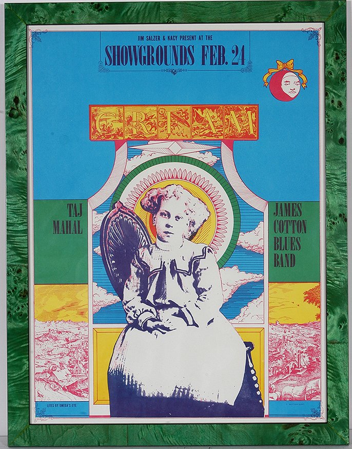 Poster. Cream, Taj Mahal Concert Poster, 1968.: Frank Bettencourt Concert Poster. Cream, Taj Mahal, James Cotton Blues Band. 1968. Earl Warren Showgrounds, Santa Barbara, CA. Excellent condition. Strong colors, Frame is 18” w x 24”h. Est. $200-