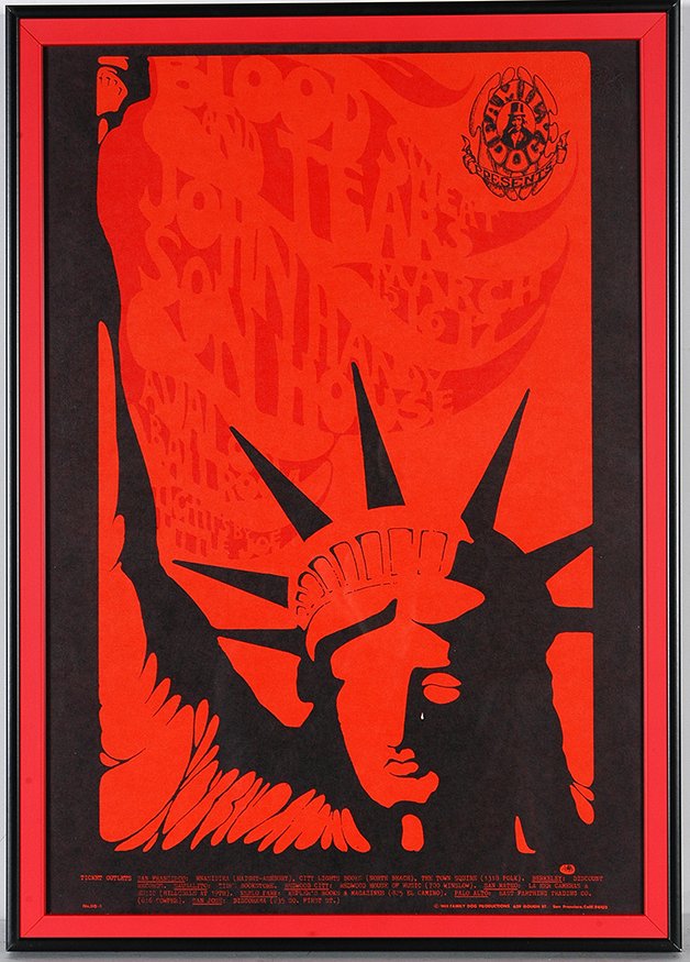 Blood Sweat and Tears Concert Poster, c. 1968.: Stanley Mouse Concert Poster. Blood Sweat and Tears, John Handy, Son House, Little Joe. c. 1968. #110-1. Avalon Ballroom, San Francisco, CA. Excellent condition. Strong colors. Framed. 15” w x 21”