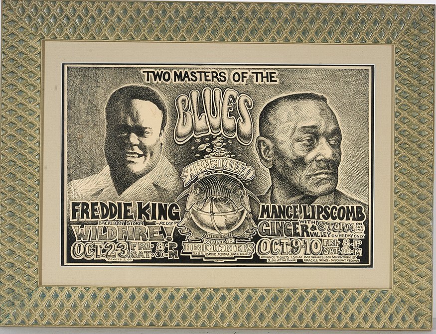 Jim Franklin (JFKLN) Concert Poster, 1970.: Jim Franklin (JFKLN) Concert Poster. Freddie King & Mance Lipscomb Two Masters of the Blues. 1970. Presented by Armadillo World Headquarters. Rare poster by Austin artist. Image is featured in the Art