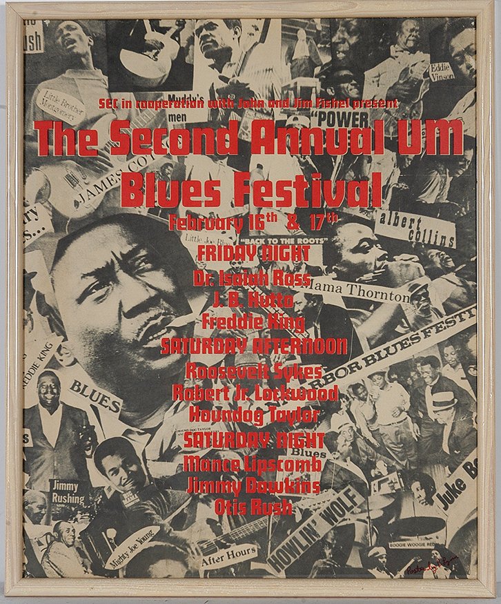 B. Lynn Concert Poster. UM Blues Festival, 1973.: B. Lynn Concert Poster. The Second Annual UM Blues Festival. 1973. Dr. Isaiah Ross, J.B. Hutto, Freddie King, Roosevelt Sykes, Robert Lockwood, Jr., Hound Dog Taylor, Mance Lipscomb, Jimmy Dawkins, Ot