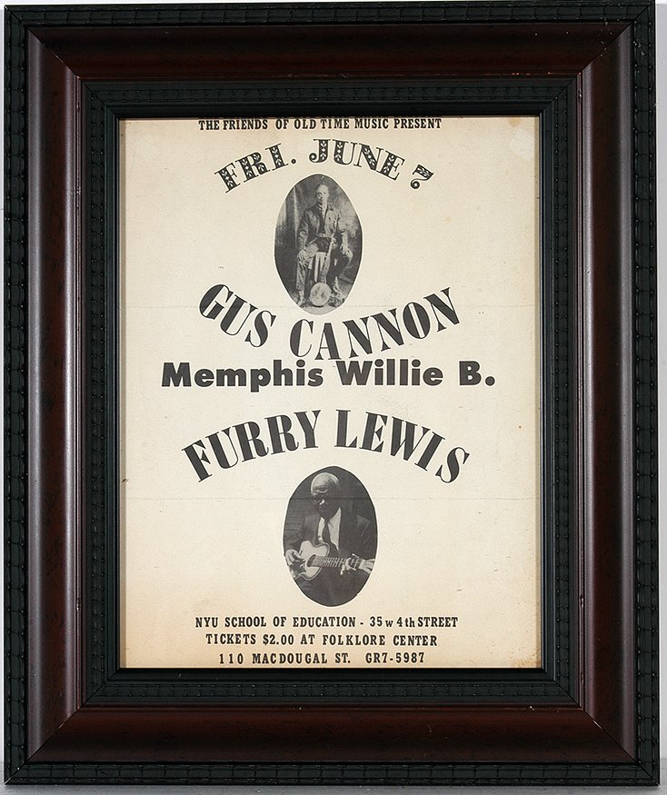 Friends of Old Time Music Presents Concert Poster.: Friends of Old Time Music Presents Concert Poster. Gus Cannon, Memphis Willie B. Furry Lewis. At NYU School of Education. Early old-time blues musicians from the 20’s who were popularized again in t