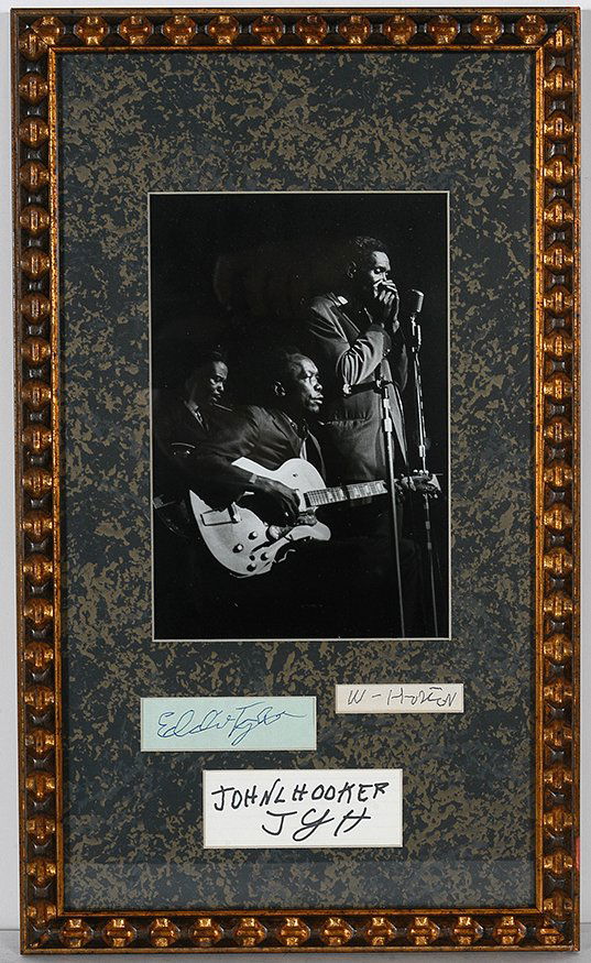 John Lee Hooker, Eddie Taylor & Walter Horton.: John Lee Hooker, Eddie Taylor and Walter Horton. Photo and Three Signature Cards.1968. Photo is from the Jazz Expo from Oden Hammersmith, London. Autographs from each musician in the photo, signed in