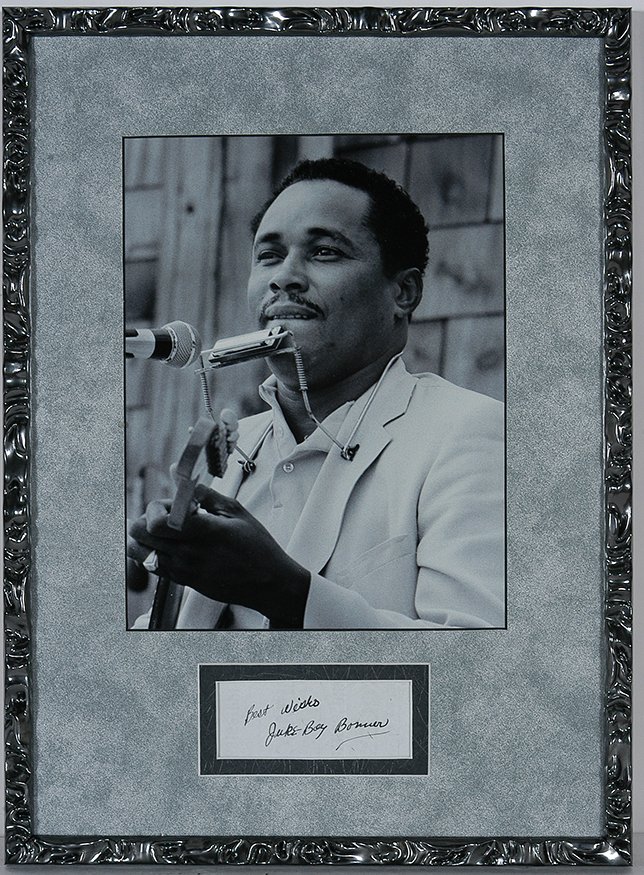 Juke Boy Bonner. Photo With Signature Card.: Juke Boy Bonner (1932-1978). Photo With Signature Card. Photo is 7” x 9”. Signature card is marker on paper, 3.5” w x 1.5”h. Frame is 12”w x 17”h. Excellent condition. Est. $200-300. Ship: