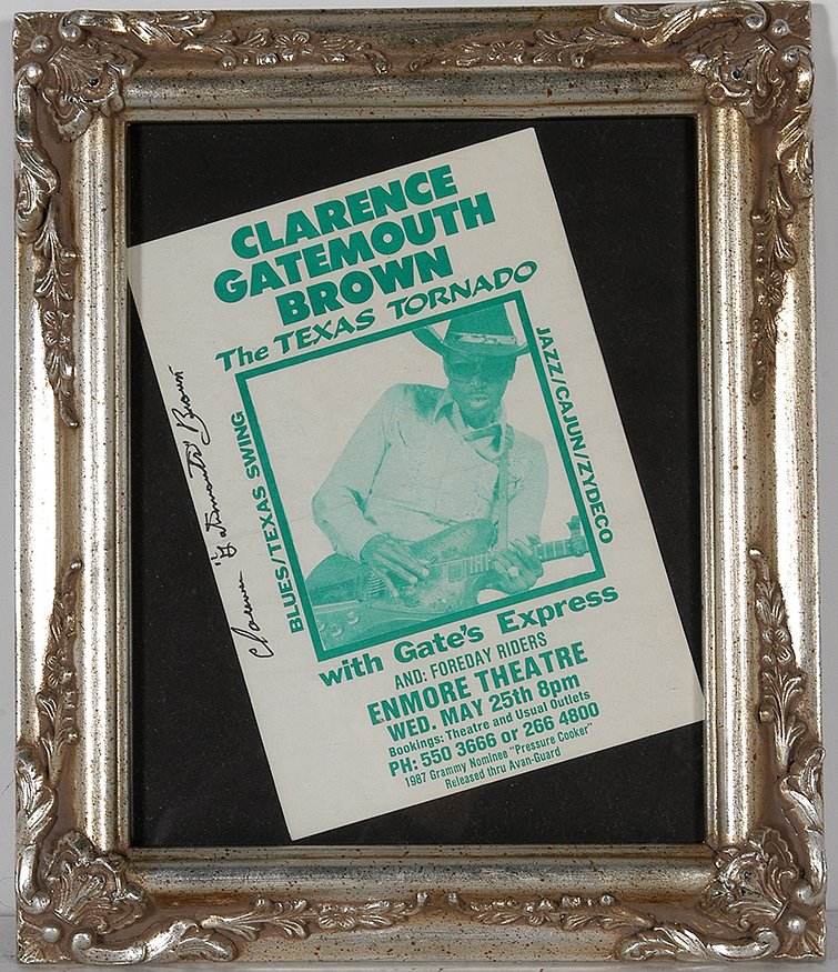 Clarence Gatemouth Brown. Autographed Show Flyer.: Clarence Gatemouth Brown. Autographed Show Flyer. Frame is 10” x 12”. Est. $200-300. Ship: $35. An original flyer from the Enmore Theatre, Australia, announcing the performance of Bluesman Clarenc