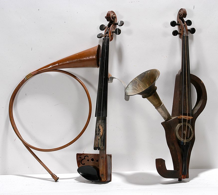 Instruments Pair Of Fantasy Fiddle Horns.: Anonymous Instruments Pair Of Fantasy Fiddle Horns. Carved wood and brass horns. Good to great condition. Average size is 23” h. Est. $200-300. Ship: $55