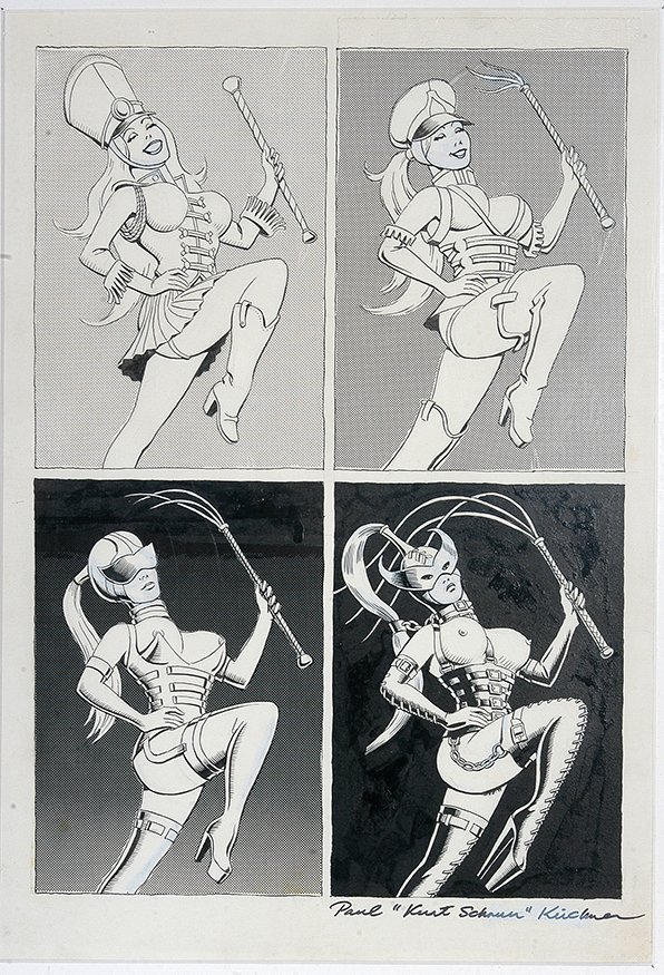 Paul “Kurt Schnurr” Kirchner. Screw Magazine Panels.: Paul “Kurt Schnurr” Kirchner. Four Original Panels From Screw Magazine. Ink on paper. Excellent condition. Signed. Total size is 10” x 15”. Est. $300-400. Ship: $35