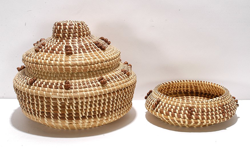 Annabelle Ellis. Sweetgrass Basket With Lid & Bowl.: Annabelle Ellis. Sweetgrass Basket With Lid & Bowl. Signed on top and dated, 1993. Sweetgrass, rush, palmetto fronds & pine needles. Excellent condition. Large is 13”diameter x 11” h. Excellent co