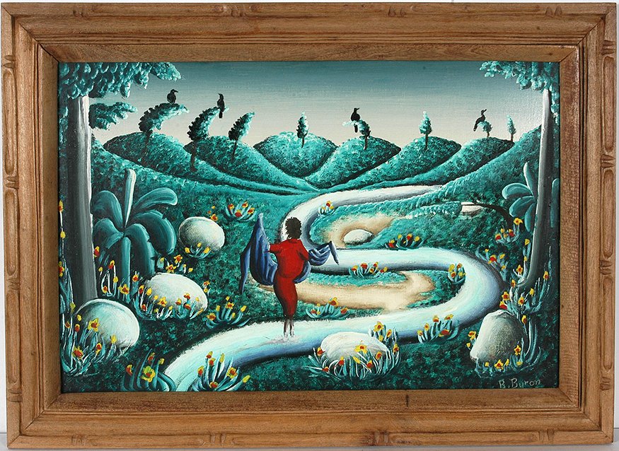 B. Byron. Long Winding Road.: B. Byron. Long Winding Road. Signed. Not dated. Oil on masonite. Excellent condition. Size with frame is 28” w x 21”h. Est. $400-600. Ship: $55