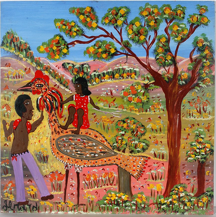 Gerard Fortune. Riding The Big Chicken.: Gerard Fortune. Riding The Big Chicken. Signed. Not dated. Oil on masonite. Excellent condition. 24” x 24”. Est. $200-400. Ship: $45