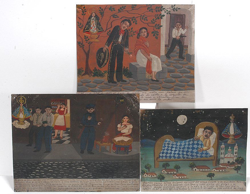 Mexican Ex-Votos. Night Scenes.: Mexican Ex-Votos. Night Scenes. Paint on tin. Good condition. Average size is 9” x 12”. Est. $100-200. Ship: $35