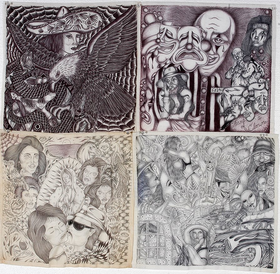 Texas Chicano Prisoners. Eagle and Snake Panos.: Texas Chicano Prisoners. Eagle and Snake Panos. c. 1990’s. Not signed. Ink on handkerchiefs. Excellent condition. 15” x 15” each. Est. $300-600. Ship: $25