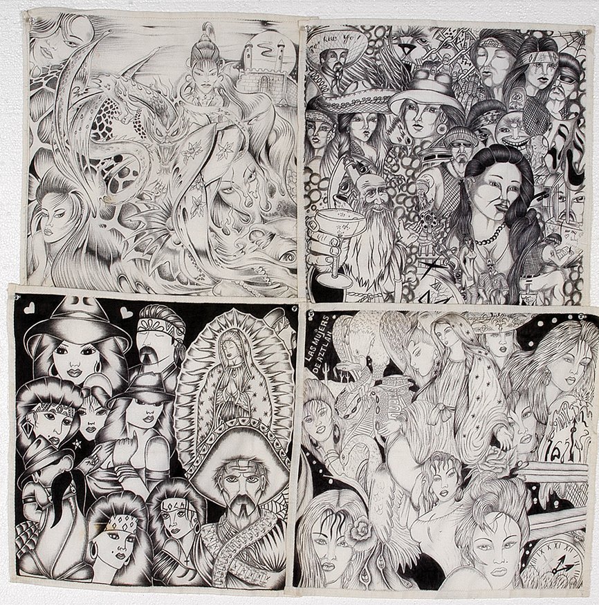 Texas Chicano Prisoners. Black and White Panos.: Texas Chicano Prisoners. Black and White Panos. c. 1990’s. Not signed. Ink on handkerchiefs. Excellent condition. 15” x 15”. Est. $300-600. Ship: $25