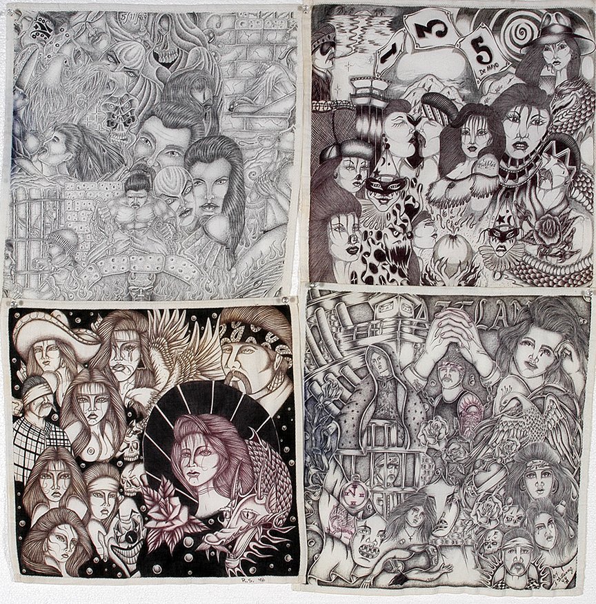 Texas Chicano Prisoners. Four Panos.: Texas Chicano Prisoners. Four Panos. Dated, 1996-99. Signed by “R.S.” “Gutierrez,” and “Cheo.” Ink on handkerchiefs. Excellent condition. 15” x 15”. Est. $300-600. Ship: $25