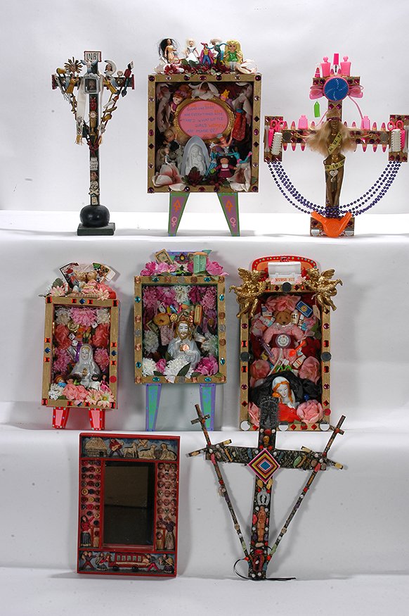Teagan McDonald. Eight Meaningful Boxes & Crosses.: Teagan McDonald. Eight Meaningful Boxes & Crosses. Signed and titled. c. 1994. Mixed media on wooden boxes. Great condition. Average size is 18” x 10”. Est. $400-800. Ship: $200