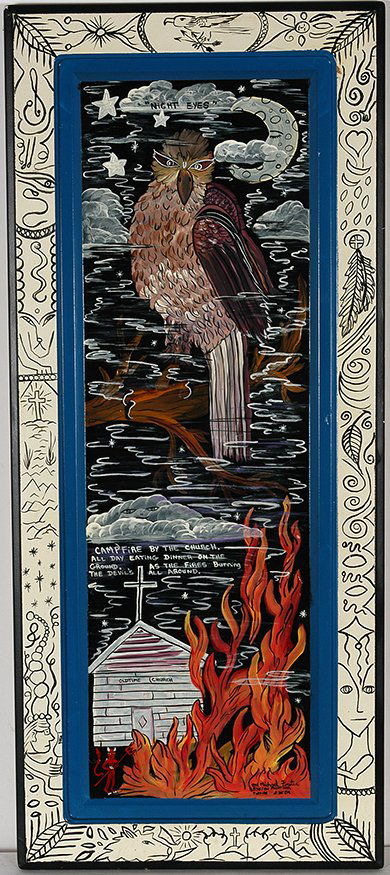 Michael Finster. Night Eyes.: Michael Finster. Night Eyes. 2006. Signed, dated and titled. #5,761. Paint on found cabinet panel. Excellent condition. 18” w x 41”h. Est. $400-800. Ship: $85