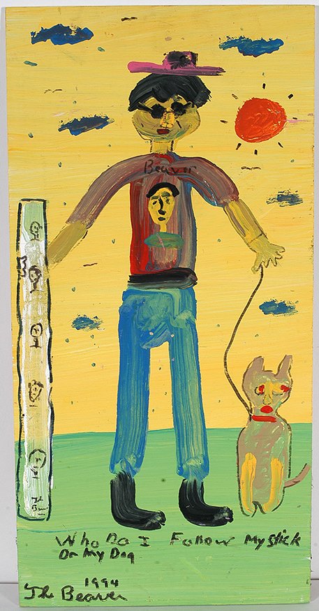 Robin “The Beaver” Beverland. Self-Portrait.: Robin “The Beaver” Beverland. Self-Portrait. 1994. Signed, dated and titled. Paint on board. Excellent condition. 12” w x 24” h. Est. $100-150. Ship: $35