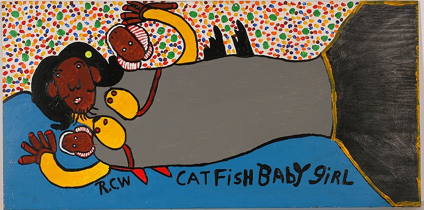 Ruby Williams. Cat Fish Baby Girl.: Ruby Williams. Cat Fish Baby Girl. 2000. Signed, dated and titled. Paint on board. Excellent condition. 48” w x 24” h. Est. $300-600. Ship: $85