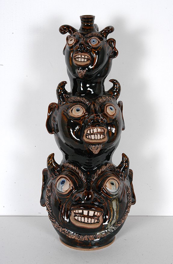 Karen LaBarge. Three Devil Jug Totem.: Karen LaBarge. Three Devil Jug Totem. Signed. Glaze with glass drips. Mint condition. 18”h. Est. $200-400. Ship: $75