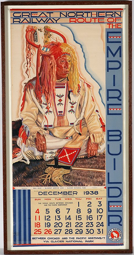 Winold Reiss. 4 Northern RR Travel Calendars.: Winold Reiss. 4 Great Northern Railway Travel Calendars.Dec. 1938, Nov. 1934, Dec. 1935, Dec. 1937. Images are 16”w x 33”h. Frames are 18.5” w x 36”h. Sold as a set. Est. $1,000-2,000. Ship: $