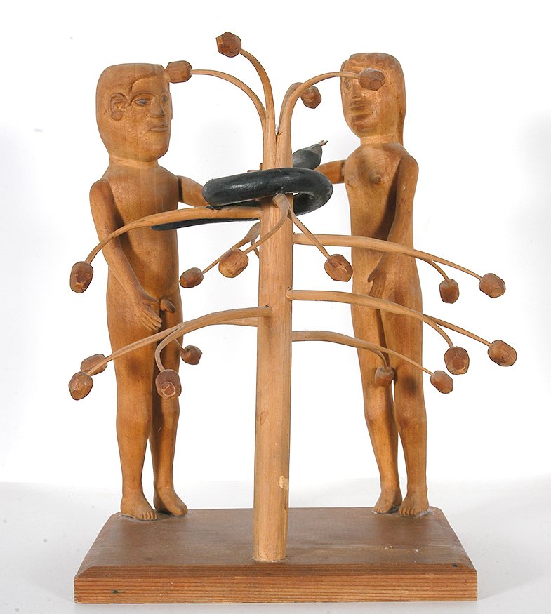 Edgar Tolson. Adam & Eve w Snake In Apple Tree.: Edgar Tolson. Adam and Eve With Snake In Apple Tree.Not signed or dated. This is the third Adam and Eve that Tolson ever made. Carved natural wood with painted snake. Glue marks on feet, otherwise min