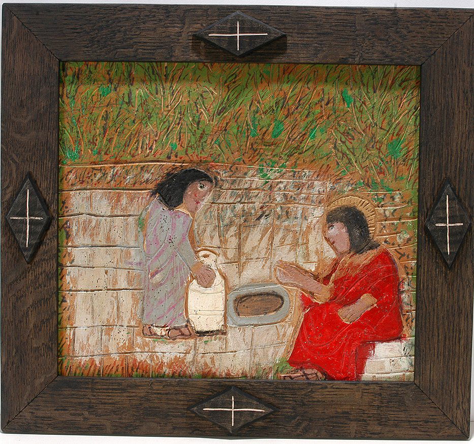 Elijah Pierce. The Woman at the Well.: Elijah Pierce. The Woman At The Well. 1979. Signed, dated and titled on verso. Thin carved wood relief panel with paint and glitter featuring Jesus with Halo. 20.5”w x 18.5” h including frame. Pie