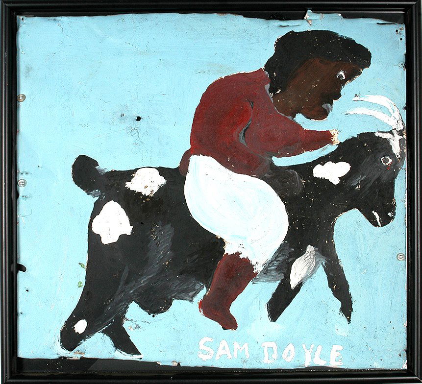 Sam Doyle. Goat Rider.: Sam Doyle. Goat Rider.Signed. Not dated or titled. Paint on reclaimed roofing tin. 30” w x 28”h including frame. Excellent condition. Provenance: Fleisher-Ollman Gallery. Est. $4,000-6,000. Ship: