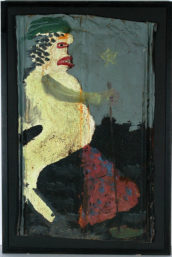 Sam Doyle. Figure With Staff & Star.: Sam Doyle. Figure With Staff and Star.Not signed or dated. Paint on found environmental rusted roofing tin. Great condition. Image is 26.5” w x 43”h. Frame is 33”w x 49”h. Est. $7,000-9,000. S