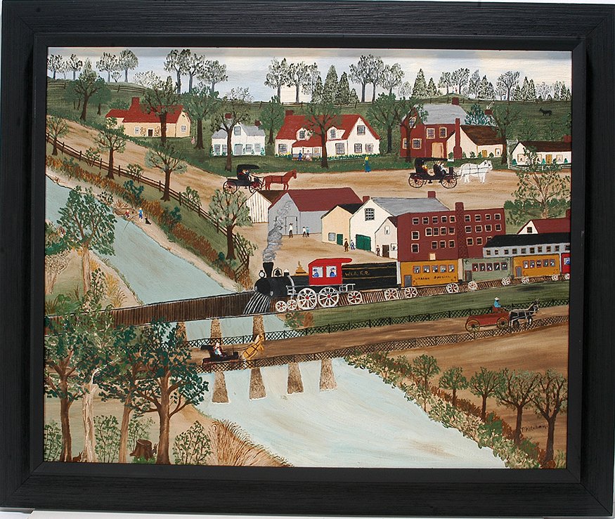 Tella D. Kitchen. Old Mack: Tella D. Kitchen (1902-1988, Adelphi, OH). Old Mack Walks The Bridge On The Wabash River With My Mother, My Sister And I On The Way To Attica, On Circus Day.1975. Signed. Titled and dated on verso. Oi