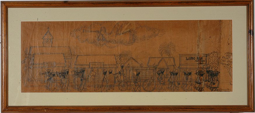 Mario Sanchez. An Old Time Funeral.: Mario Sanchez. An Old Time Funeral.Signed. Not dated. Titled. Graphite and ink on brown butcher paper. This is probably a study for a future relief plaque. It depicts African American funeral processi