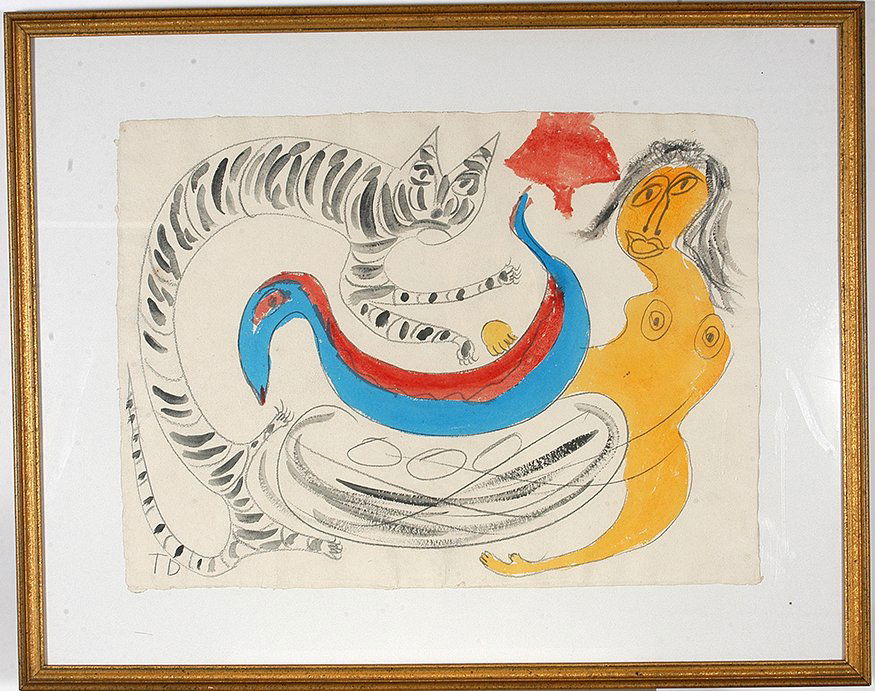 Thornton Dial. Lady With Tiger & Bird.: Thornton Dial. Lady With Tiger And Bird.Initialed. Paint and crayon paper. Excellent condition. Image is 30” x 22”. Frame is 40” x 32”. Est. $2,000-4,000. Ship: $125