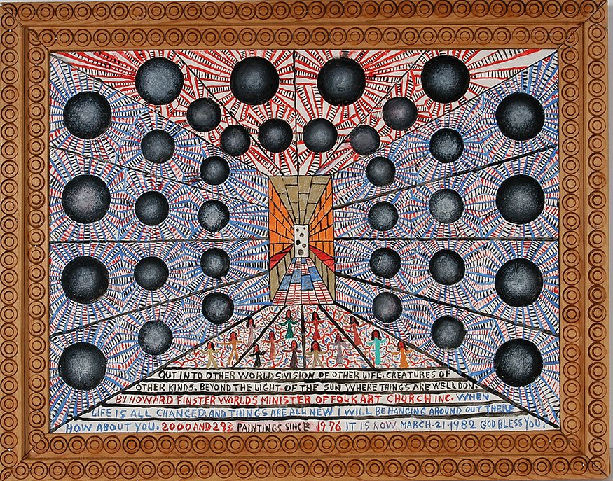 Howard Finster. Out Into Other Worlds, #2,293.: Howard Finster. Out Into Other Worlds, #2,293.1982. Signed, titled and dated. Enamel on board with artist decorated wood-burned frame. Excellent condition. 19” x 15”. Provenance: ex. Rosenak Colle