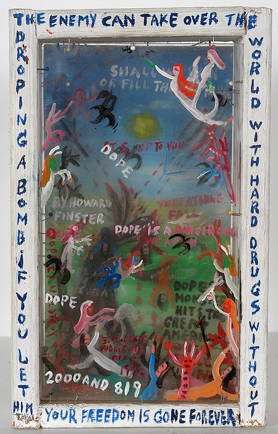 Howard Finster. 4 Layer Shadow Box, #2,819.: Howard Finster. Four Layer Shadow Box, #2,819.1982. Signed, dated and numbered. Paint on plexiglass with wooden frame. 8” x 12.5” x 3.5”. Est. $1,000-2,000. Ship: $55