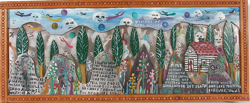 Howard Finster. I Slipped Into The Midnight Hour,: Howard Finster. I Slipped Into The Midnight Hour, #3,432.1984. Signed, dated, titled and numbered. Paint on cut out board with glass backing and artist decorated frame. Excellent condition. 24” x 10