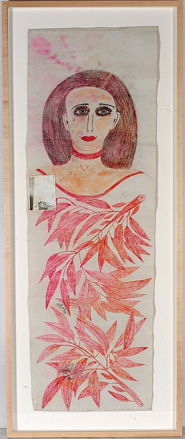 Lee Godie. Girl In Forest.: Lee Godie. Girl In Forest.Signed and titled. Paint and ink on canvas with black and white photo of artist with image. Photo has faded, but the painting is in great condition. Size with frame is 25”w