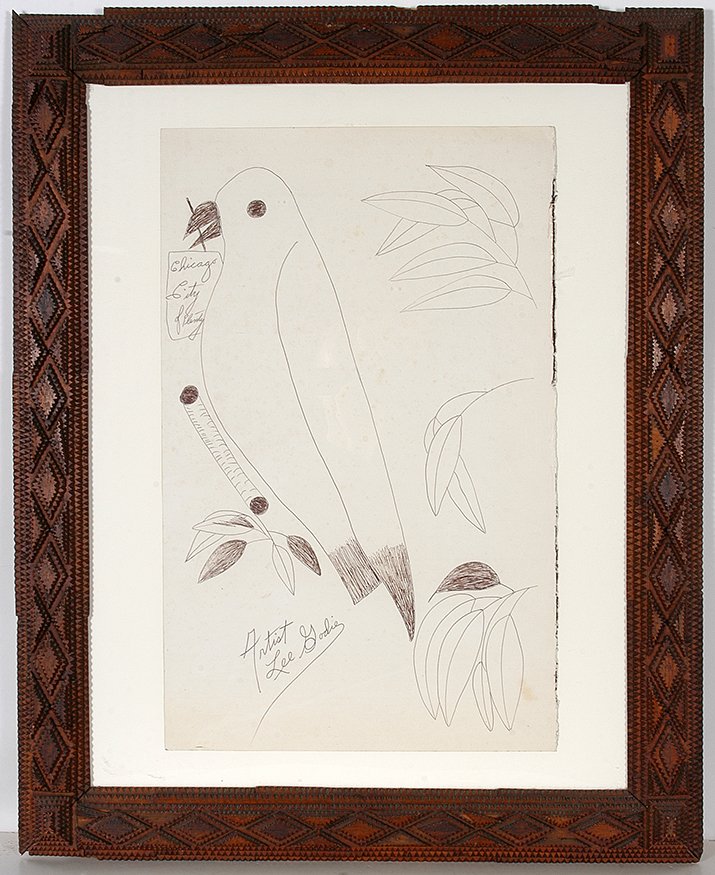 Lee Godie. Chicago City Of Plenty.: Lee Godie. Chicago City Of Plenty.Signed and titled. Ink on found paper. Excellent condition. Image is 14”w x 22”h. Tramp frame is 24”w x 30”h. Est. $400-800. Ship: $65
