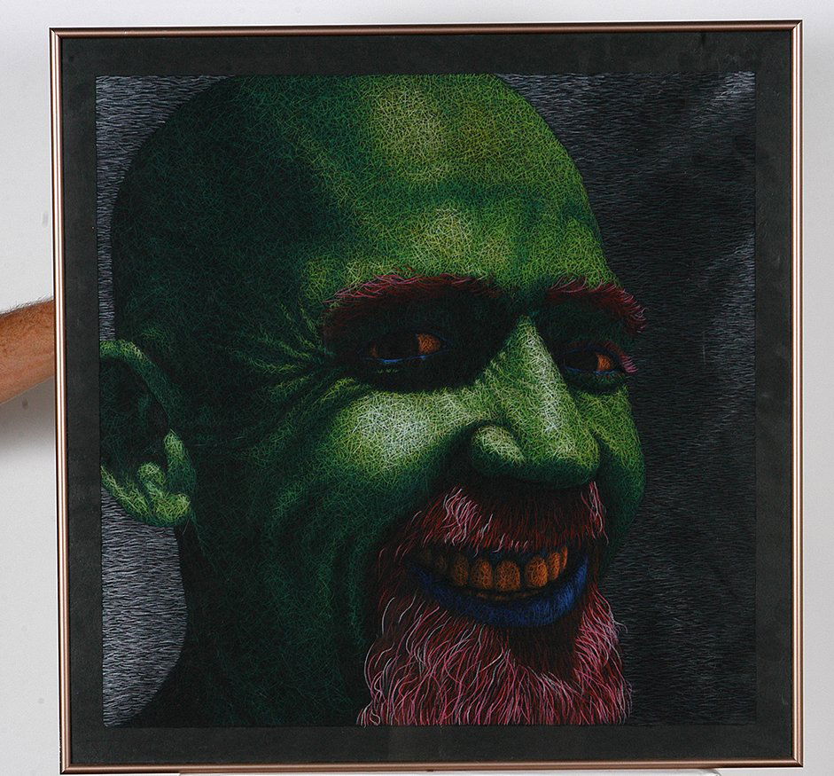 Daniel Gordon Watson. Portrait Of Fred Hicks.: Daniel Gordon Watson. Green Thread...Portrait Of Fred Hicks.c. 1995. Prismacolor on arches black cover stock. Excellent condition. Provenance: Phyllis Kind Gallery. Size with frame is 25” w x 25”h