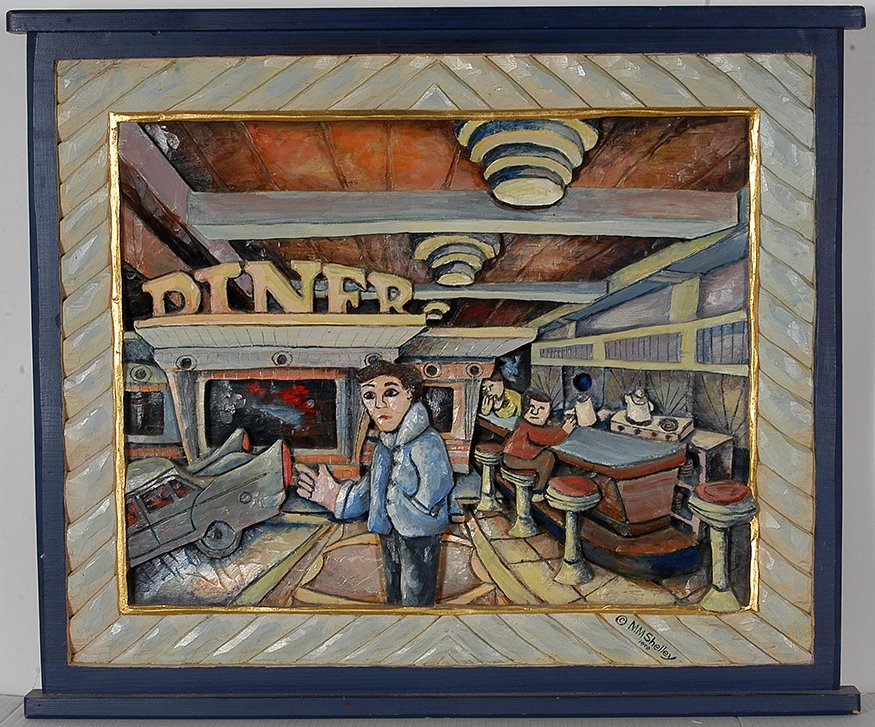 Mary Shelley. Filling Station Diner.: Mary Shelley. Filling Station Diner.1990. Signed and dated. Wood-relief carved plaque and paint with photo of diner on verso. Excellent condition. 29”w x 25”h. Est. $1,000-2,000. Ship: $75