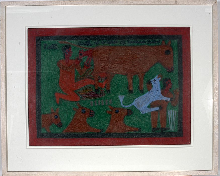 Eddie Arning. Birth Of A Calf.: Eddie Arning. Birth Of A Calf.Not signed or dated, but titled. Craypas on paper. Excellent condition. Image is 22”w x 16”h. Frame is 29”w x 24”h. Est. $2,000-3,000. Ship: $75