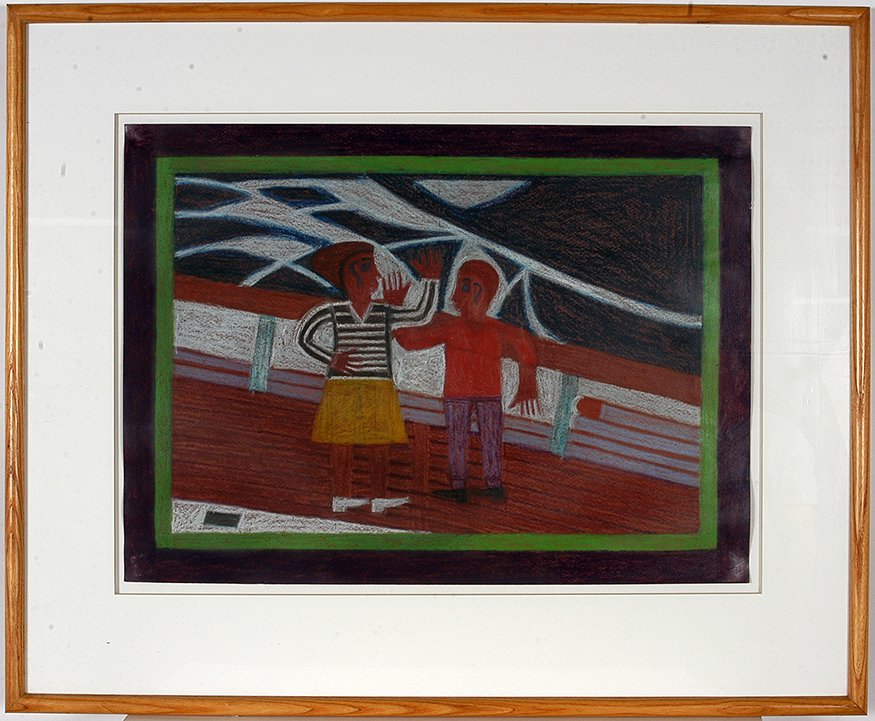Eddie Arning. Two Figures At Sea.: Eddie Arning. Two Figures At Sea.Not signed. Crayon on paper. Image is 22”w x 16”h. Frame is 30” w x 25” h. Excellent condition. Est. $2,000-3,000. Ship: $75