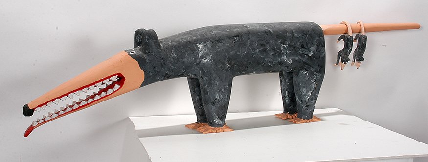 Minnie Adkins. Possum & Two Babies.: Minnie Adkins. Possum and Two Babies.1999. Signed and dated. Carved and painted wood. A tail has been repaired on one of the babies, otherwise great condition. Mother is 42” x 10” x 4”. Est. $80