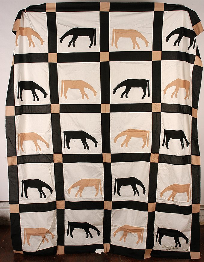Minnie & Garland Adkins. Black & Tan Horse Quilt.: Minnie and Garland Adkins. Black and Tan Horse Quilt.1991. Signed and dated. Cotton. Excellent condition. 77”w x 93”h. Est. $500-800. Ship: $25