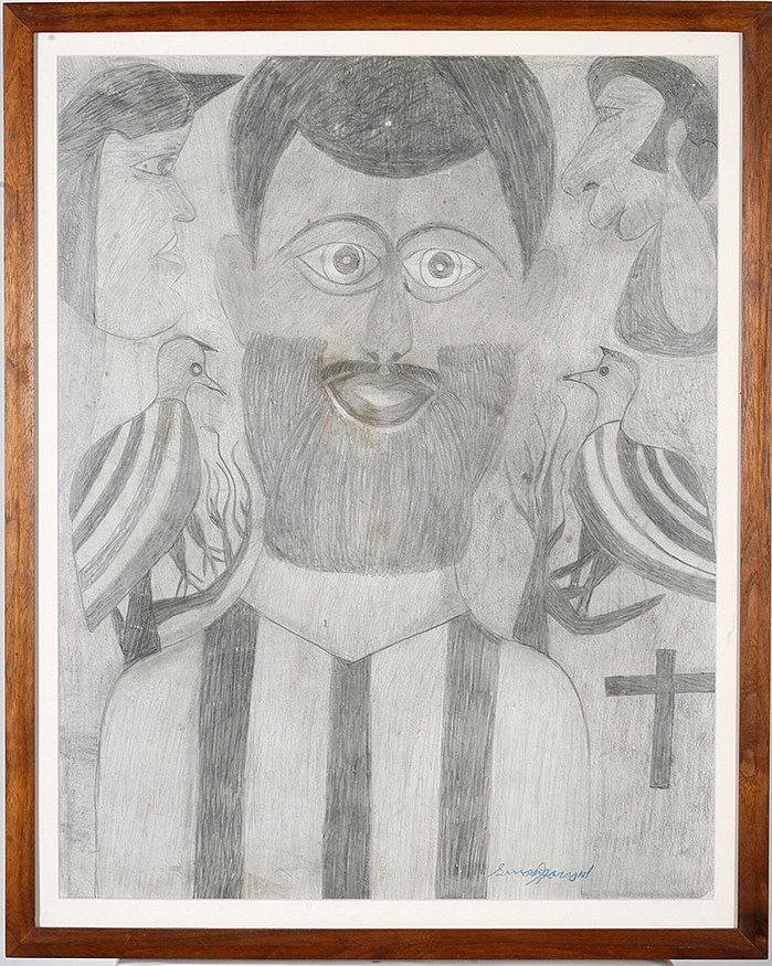 Simon Sparrow. Bearded Man With Birds.: Simon Sparrow. Portrait Of A Bearded Man With Birds.Signed, not dated. Graphite on paper. Excellent condition. Size with frame is 25” w x 31”h. Est. $800-1,200. Ship: $75