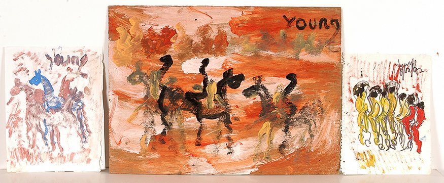 Purvis Young. Three Works.: Purvis Young. Three Works.Signed. Paint on found wood and paper. Largest is 20” x 14”. Good condition. Est. $200-400. Ship: $45