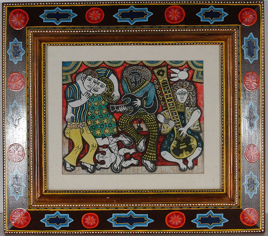 Rex Clawson. Revisiting The 60’s Music Scene.: Rex Clawson. Revisiting The 60’s Music Scene.1982. Signed and dated. Marker, paint and graphite on paper with artist decorated frame. Excellent condition. 17” w x 15” h. Est. $800-1,200. Ship: $